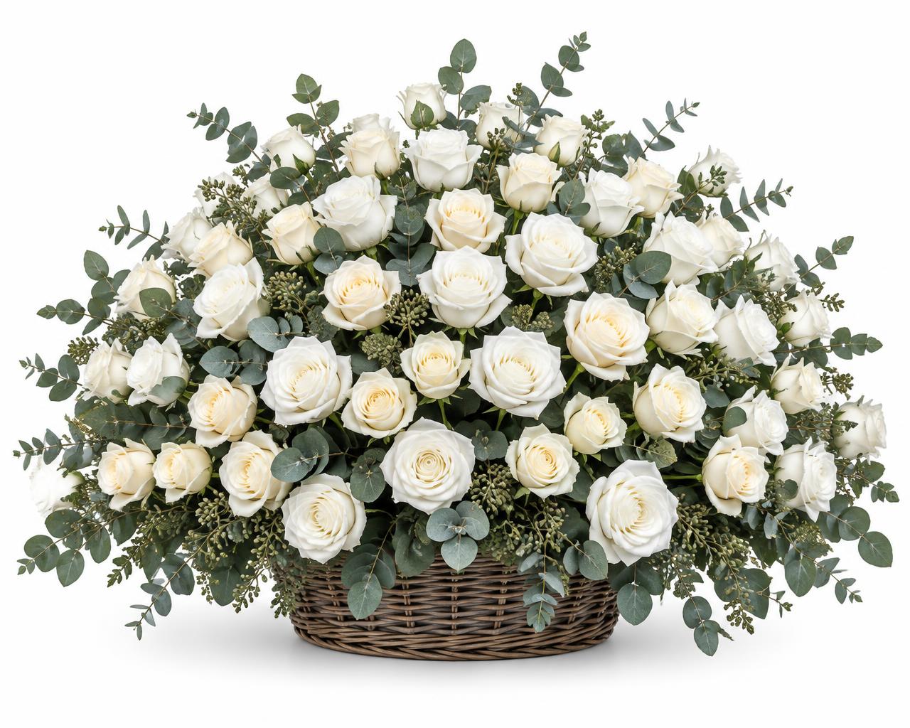 Bountiful White Rose Basket — hand-arranged sympathy funeral flowers for delivery in Dalton, GA