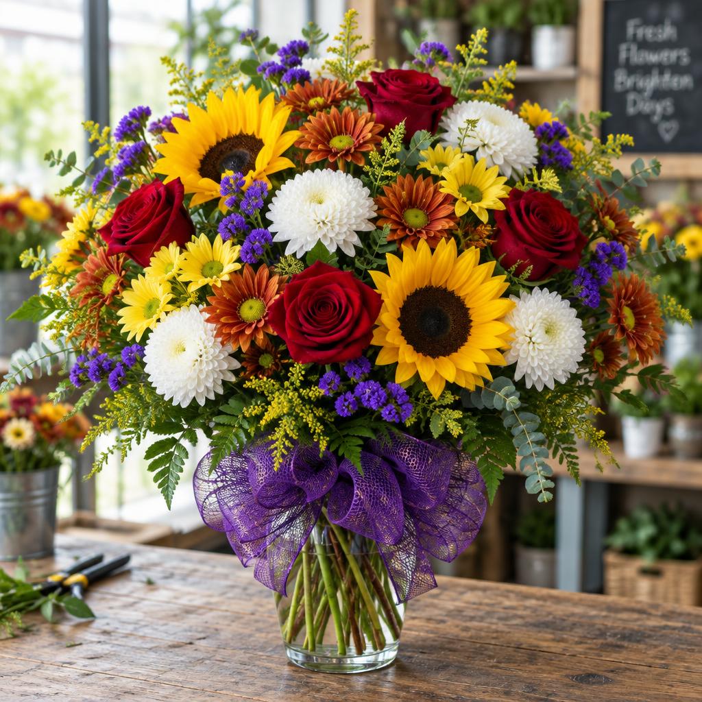 Red Barn Bouquet — hand-arranged fall flowers for delivery in Dalton, GA