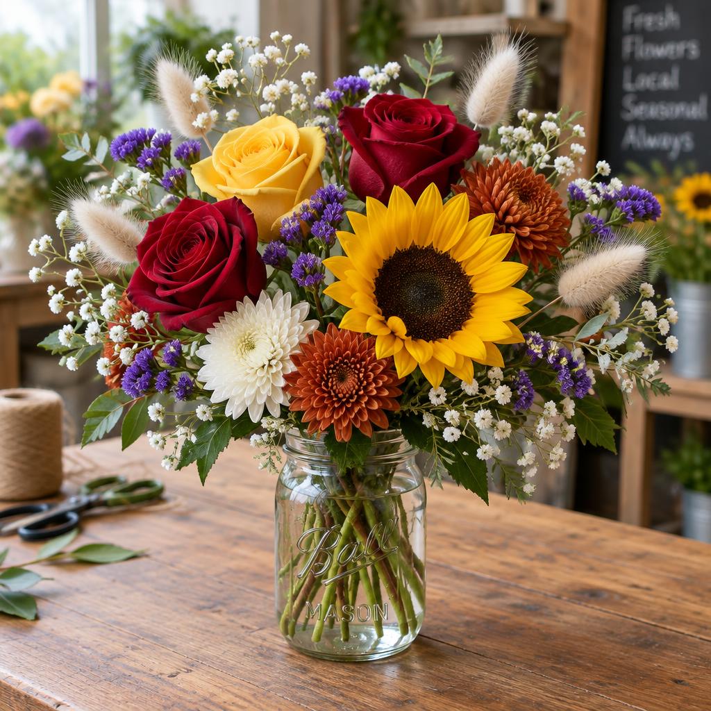 Sunny Side Mason Jar — hand-arranged fall flowers for delivery in Dalton, GA