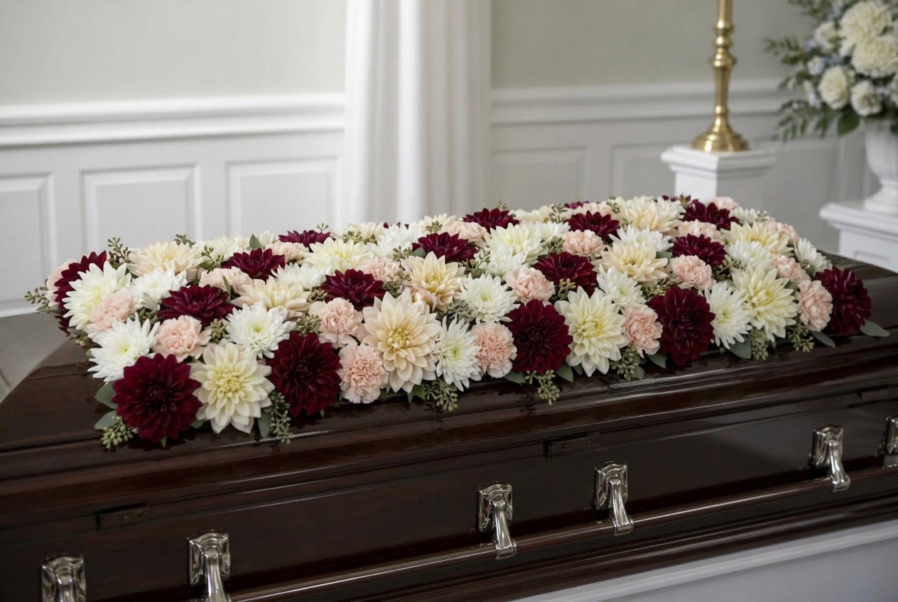 Dahlia Garden Casket Blanket — hand-arranged sympathy funeral flowers for delivery in Dalton, GA