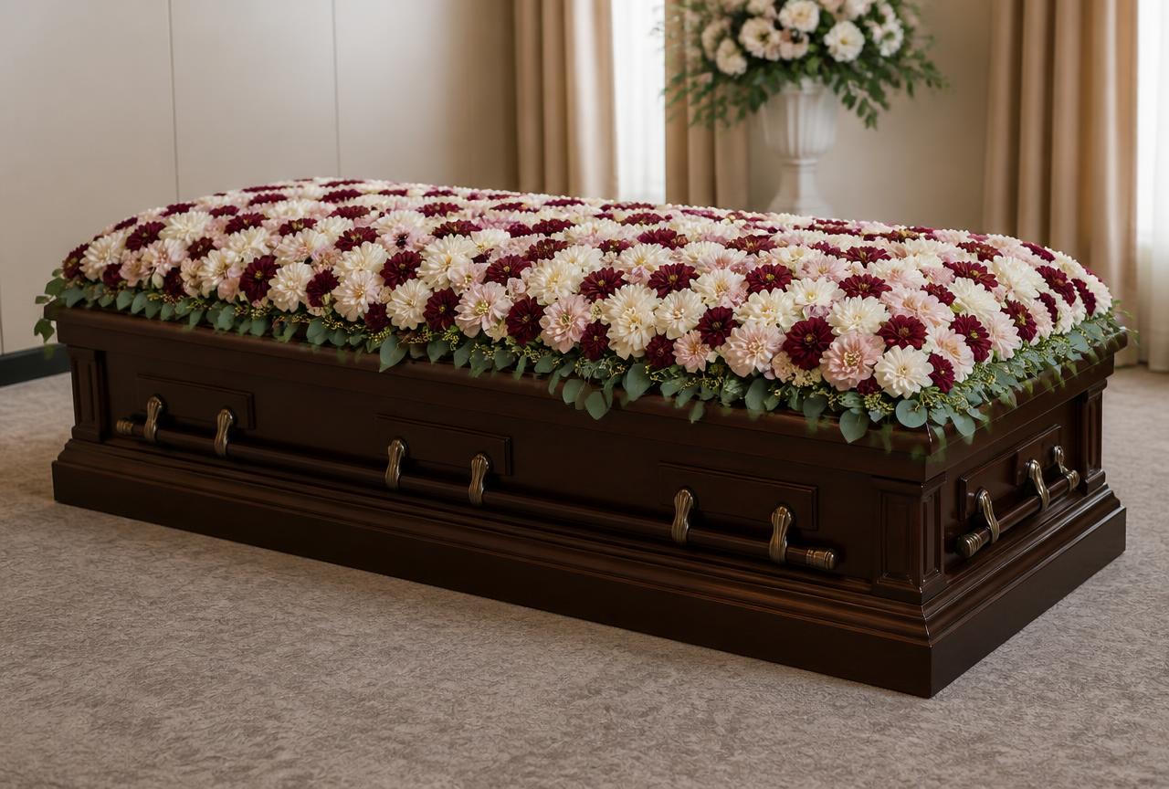 Dahlia Garden Casket Blanket — hand-arranged sympathy funeral flowers for delivery in Dalton, GA