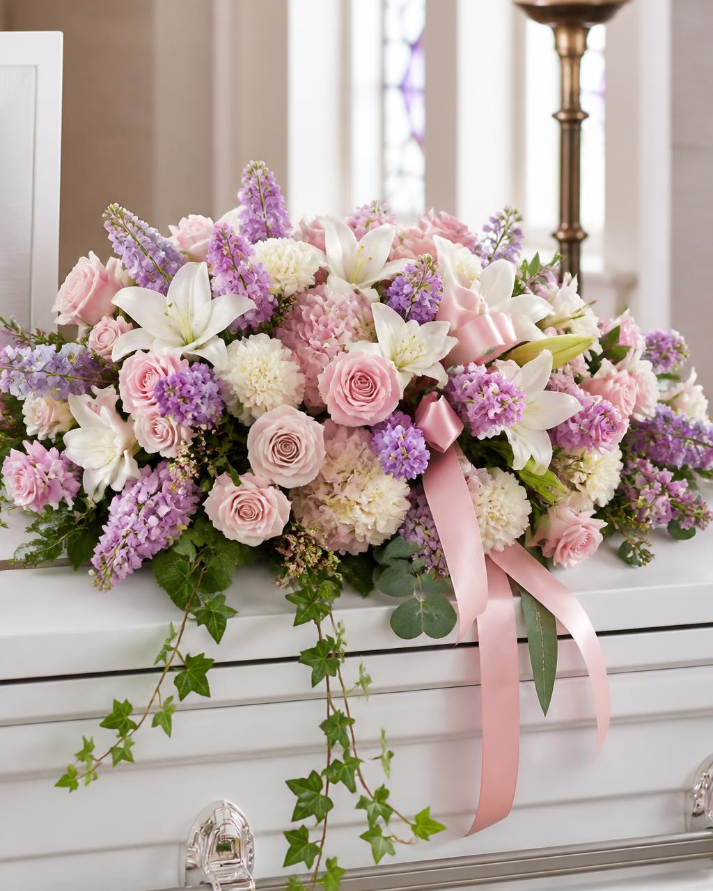 Her Grace Feminine Casket Spray — hand-arranged sympathy funeral flowers for delivery in Dalton, GA