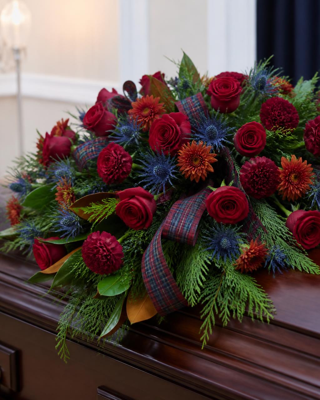His Legacy Masculine Casket Spray — hand-arranged sympathy funeral flowers for delivery in Dalton, GA