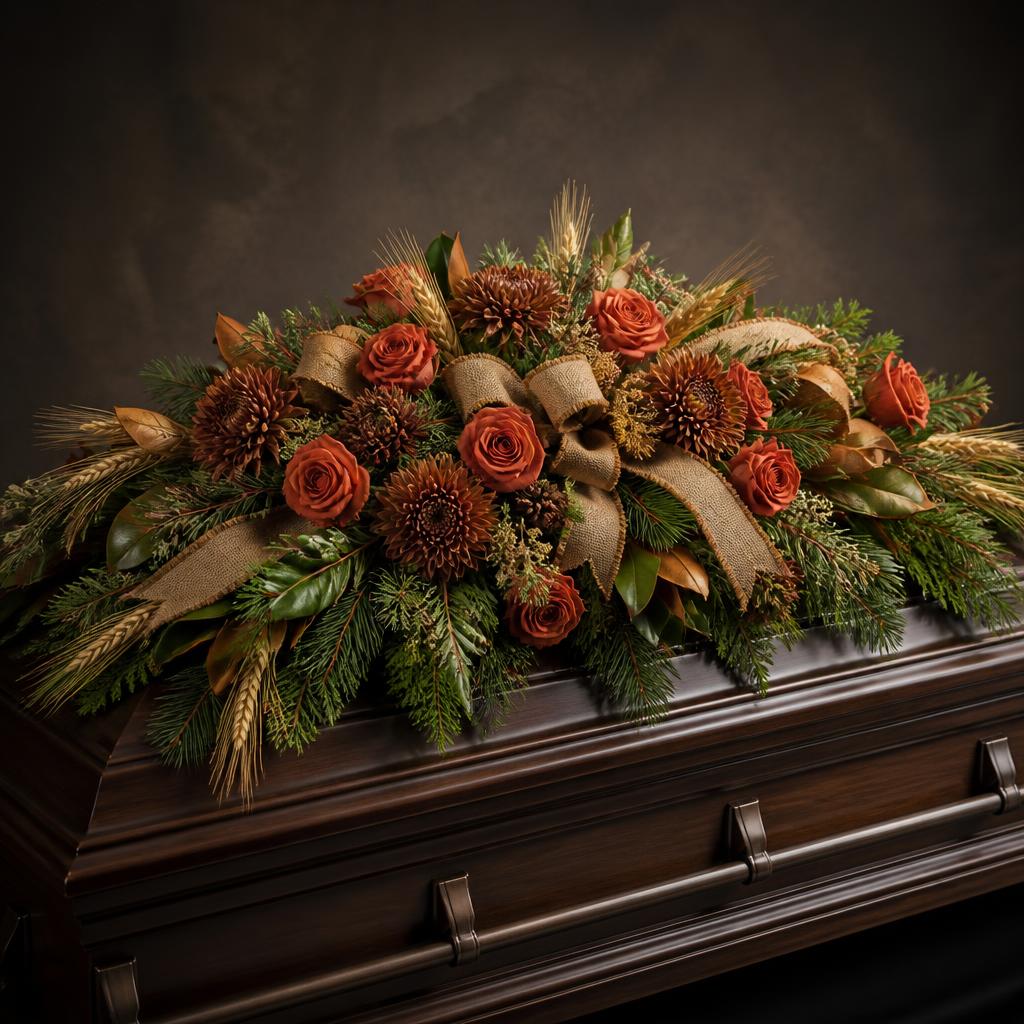 Timber & Tribute Casket Cover — hand-arranged sympathy funeral flowers for delivery in Dalton, GA