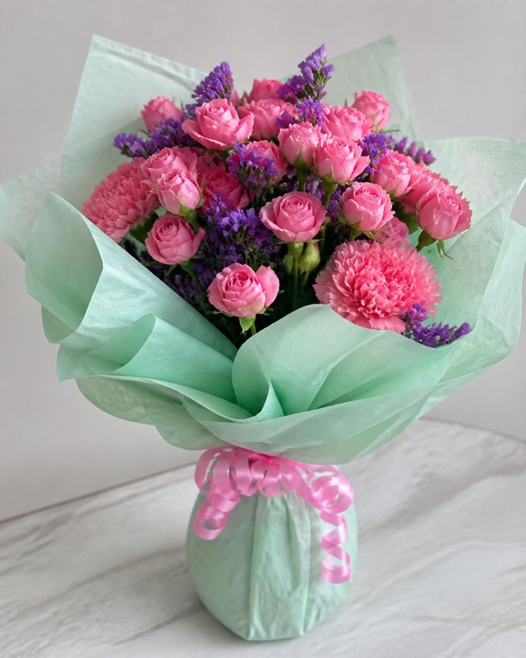 Mint & Blush Wrapped Bouquet — hand-arranged soft flowers for delivery in Dalton, GA