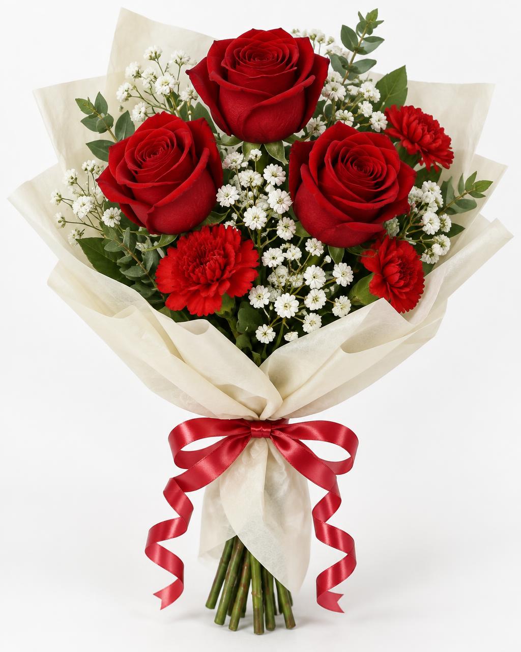 Three Red Roses Wrapped — hand-arranged bold flowers for delivery in Dalton, GA